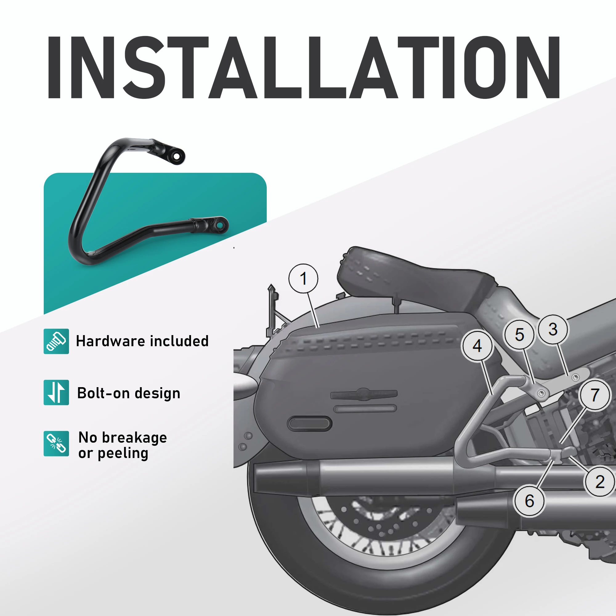 모키토다라 오토바이 리어 볼트온 새들백 가드 크래시 바 (할리 2018년식 이후 소프테일 헤리티지 클래식 FLHC FLHCS용), 블랙