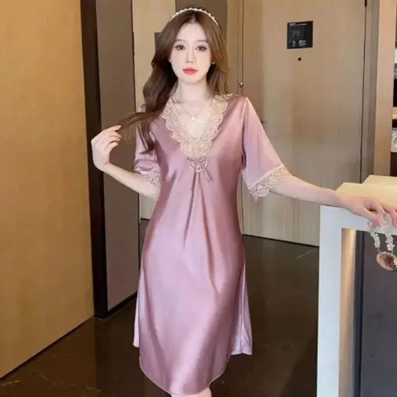 Women\'s Clothing New Silk Pajamas Spring And Summer Thin Section Sexy Sweet Lace Embroidery Short-Sleeved Dress Nightgown