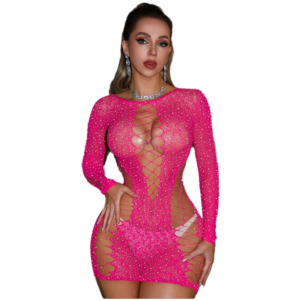 Rose Red Bodycon Dress With Rhinestones Sexy Lingerie With Rhinestones One-piece Long-sleeve Tight Mesh Outfit MCAN
