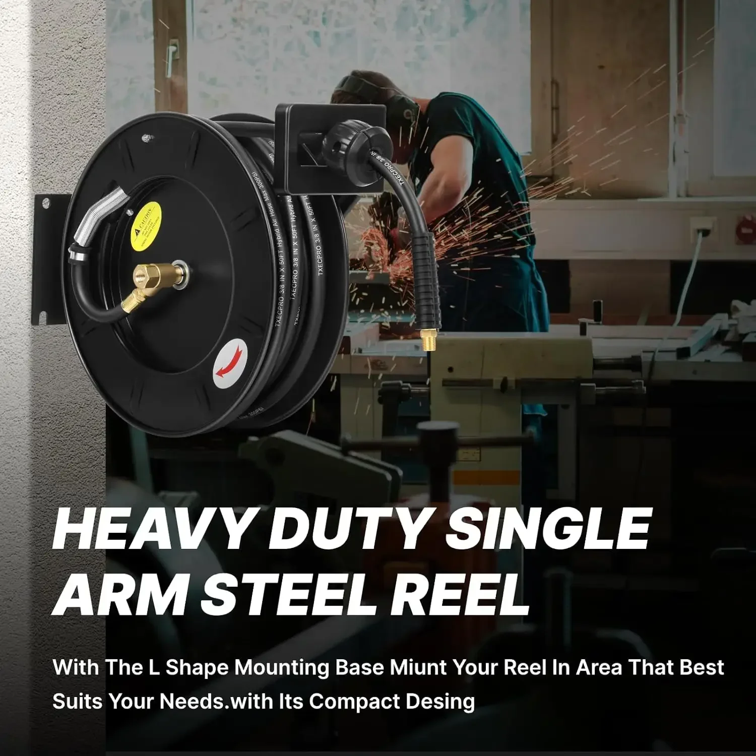 Retractable Air Hose Reel, 3/8 IN x 50 FT Hybrid Air Hose Max 300 PSI, Air compressor hose reel with 5 ft Lead in, Ceiling/Wall