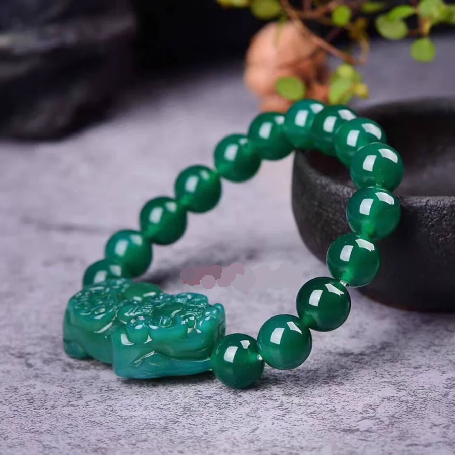 Nature Green Agate Bead Bangle Fortune Beast Pi Xiu Amulet Handstring Mascot Ornament Talisman