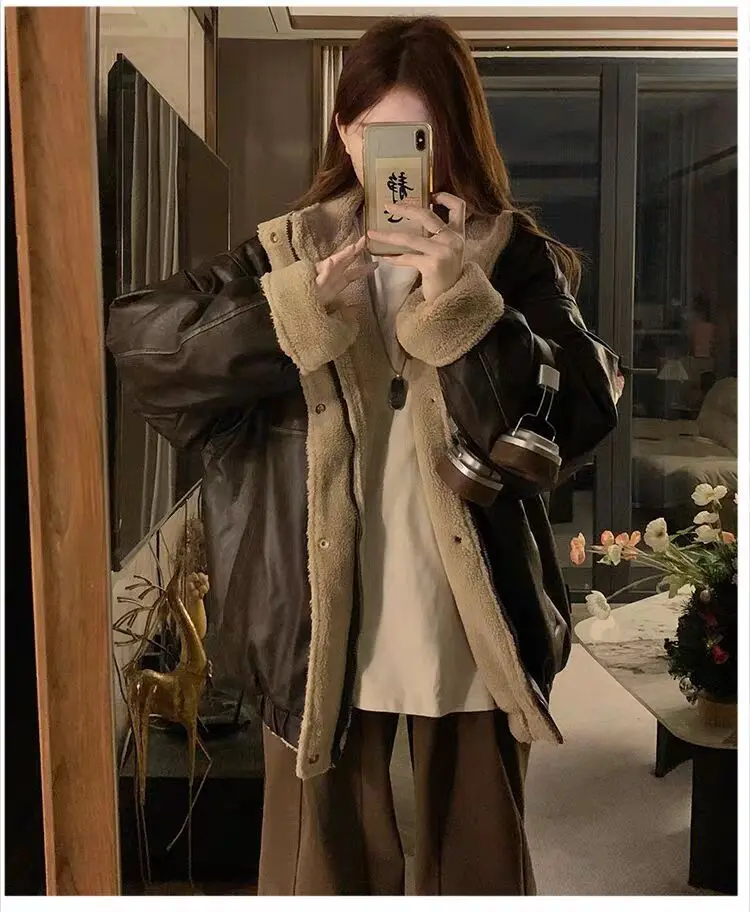 

Lamb Wool Jacket Autumn Woman Embroidered Two-Sided College Ulzzang Students Soft Designed Navy Buttons Double-Breasted Kawaii