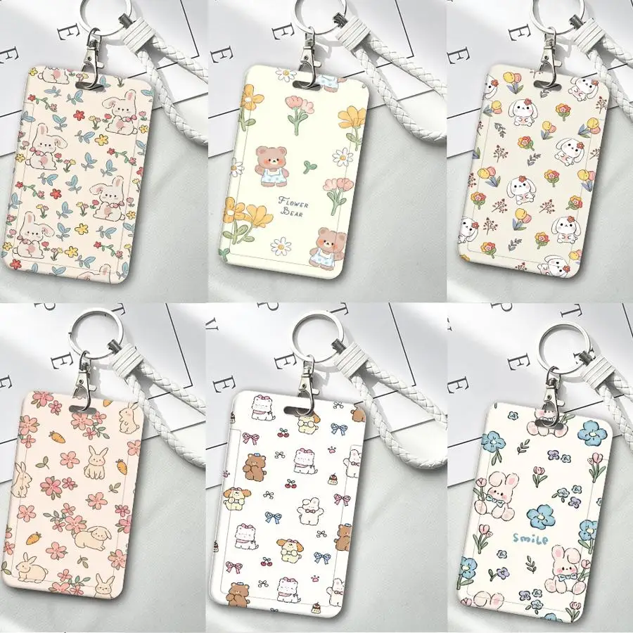 Flowers And Small Animals 1Pc Card Holder Retractable Credit Card Holders Holders Child Bus with lanyard Badge Bank ID Cover