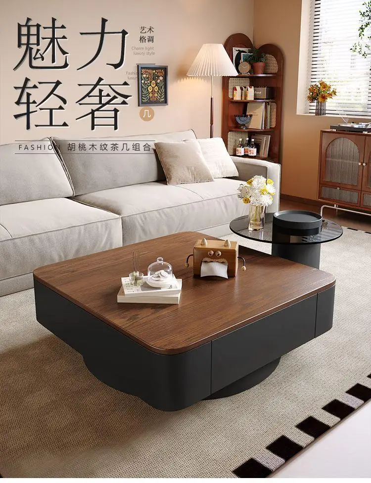 Square Rock Slab Coffee Table Modern Simple Light Luxury Living Room High-end Household Antique Black Tea Table Minimalist Combi