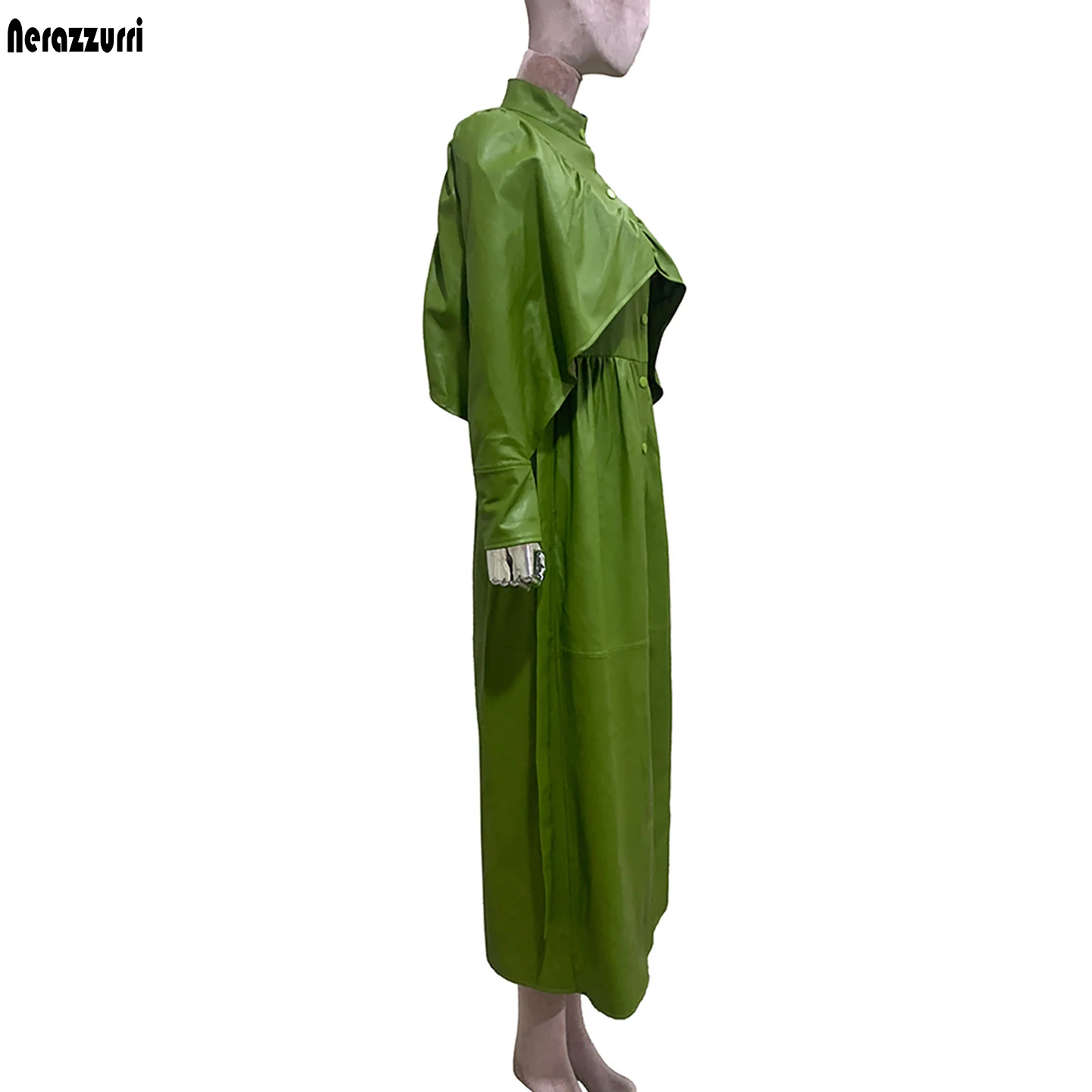 Nerazzurri Autumn Long Gren Pu Leather Trench Coat for Women with Ruffled Bat Sleeve Elegant Chic Luxury Designer Clothes 2026