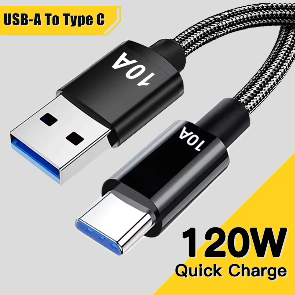 120W 10A High-speed Quick Charging Mobile Phone Cables USB A Type C Nylon Braided Cord for Android Samsung Xiaomi USB C Wire