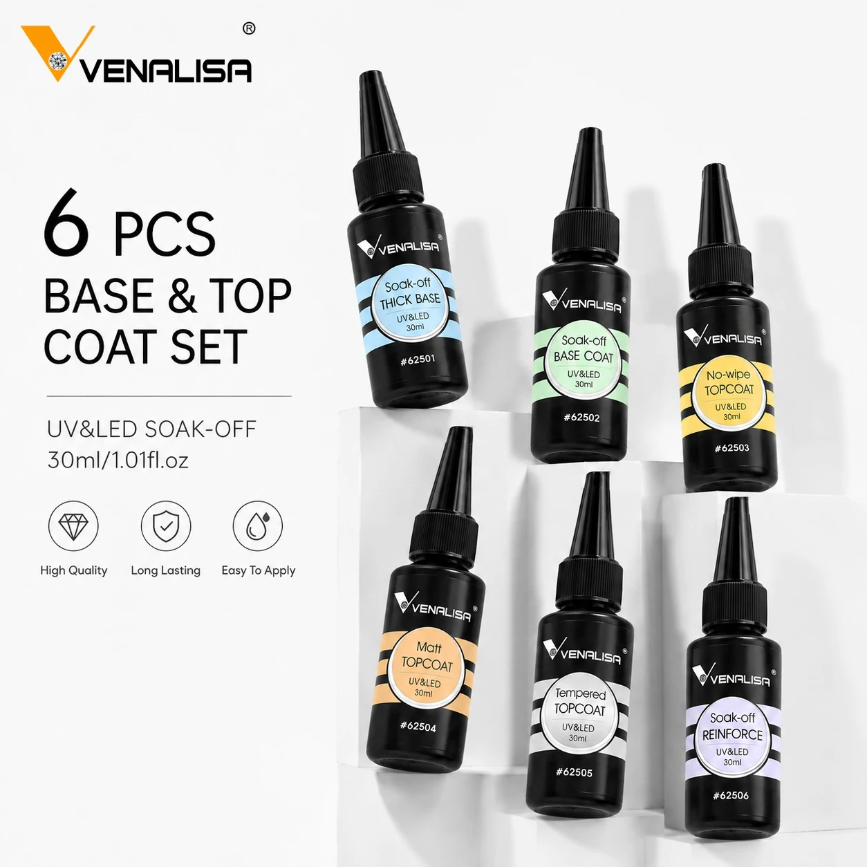 VENALISA 30ml 6pcs No-wipe Matt Topcoat Primer Base Coat Reinforce Set High Quality UV LED Long Lasting Nail Gel Soak off DIY