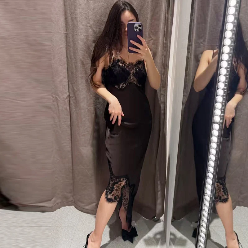 Sukienka HXAO 2026 z koronką, asymetryczna, na ramiączkach, damska, wiosenno-letnia, seksowna, satynowa, bez rękawów, z odkrytymi plecami, elegancka sukienka na Boże Narodzenie.