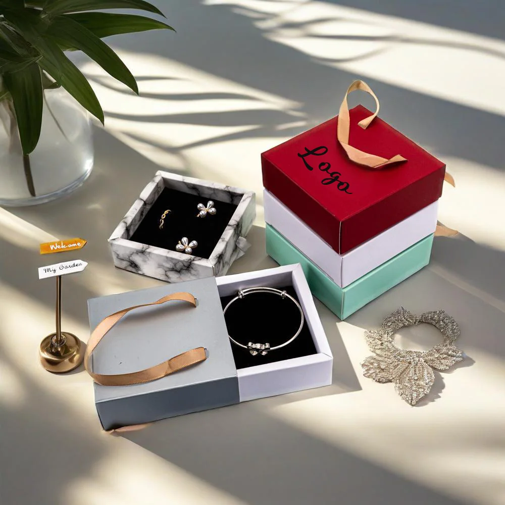 

Bulk Personalized Logo Jewelry Cardboard Handel Drawer Portable Red Box Necklace Earring Ring Sliding Boxes Present Storage Case