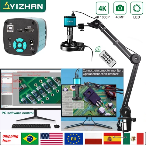 YIZHAN Microscópio Digital 4K para Solda, Câmera de Microscópio Industrial 1080P HDMI USB, Lente Zoom 150X, Distância de Trabalho 5‑100cm, Braço Suporte Flexível, Do Brail, Sem Impotos