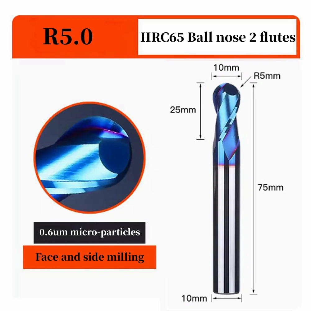 3pcs 10mm HRC65 Tungsten steel Ball nose 2 Flutes Carbide End Mills  with Nanco Blue Coating CNC Bits for Wood  Plastic steel