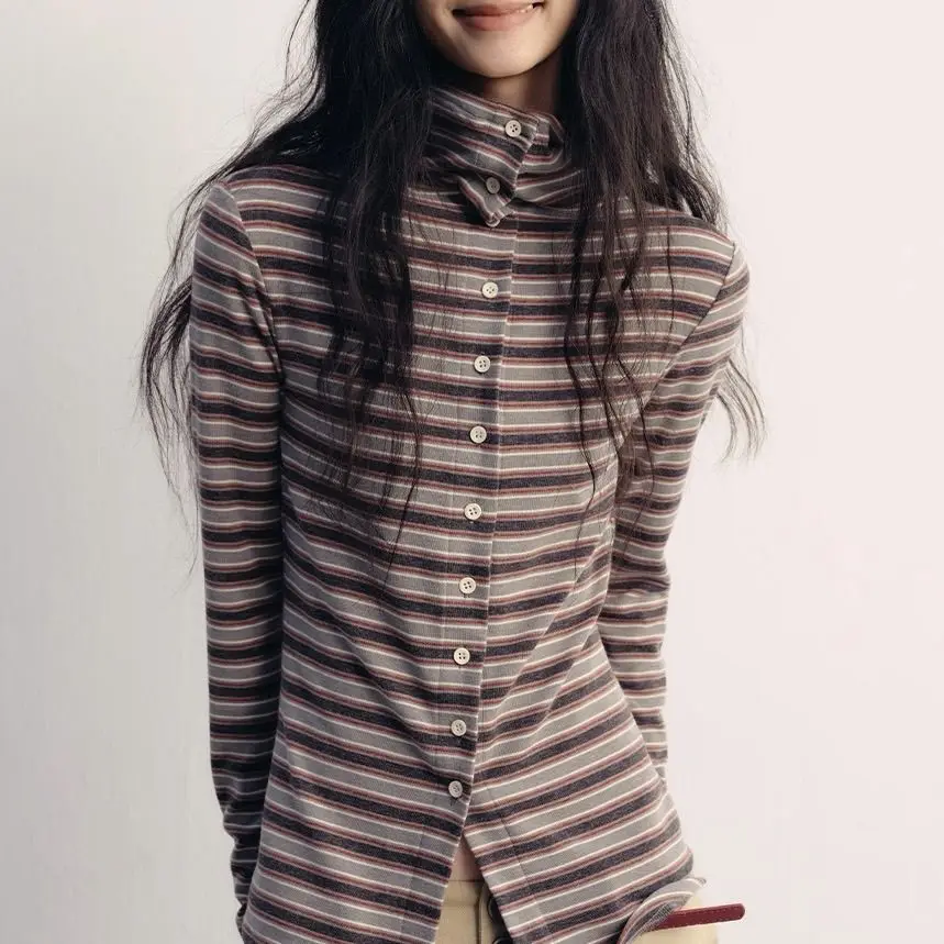 

Retro Striped Turtleneck Button Cardigan Long Sleeve Bottom Shirt Women's T Slim Skinny Design Versatile Top