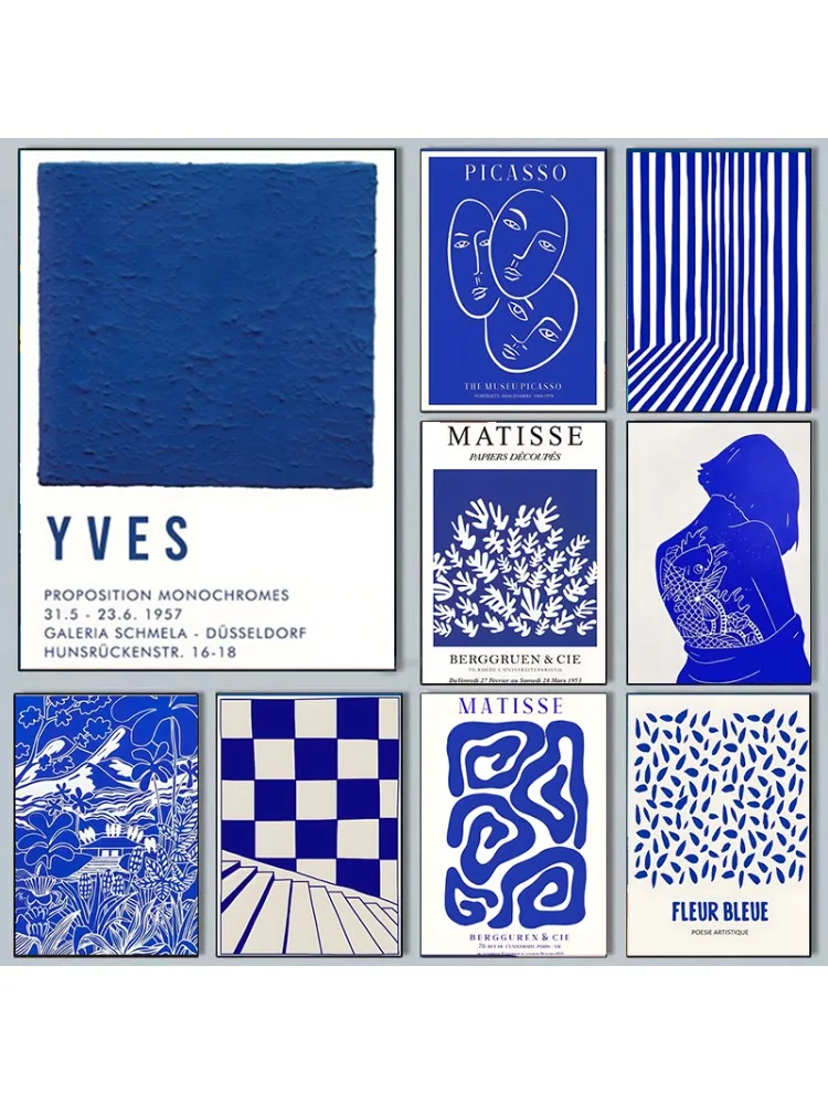 Affiche d'art mural simple bleu Klein abstrait, impressions sur toile vintage, décoration de la maison, salon, décor de chambre à coucher