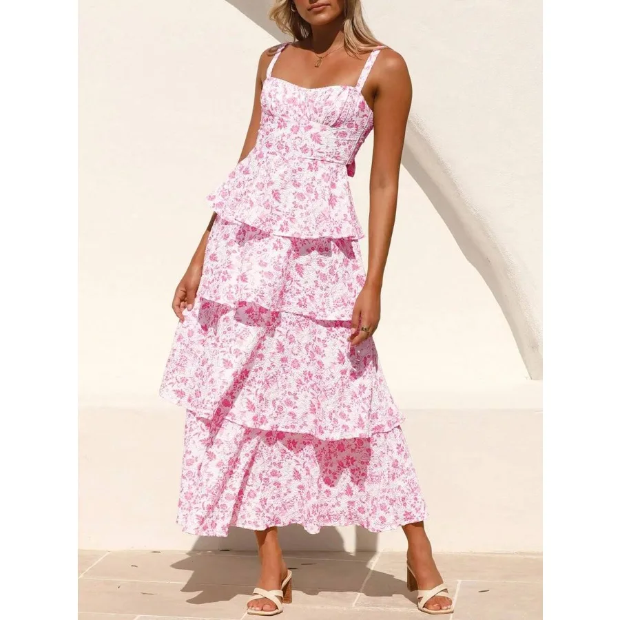 

【New style】Women's Spaghetti Strap Sleeveless Ruffle Tiered Floral Maxi Dress For A Summer Romance