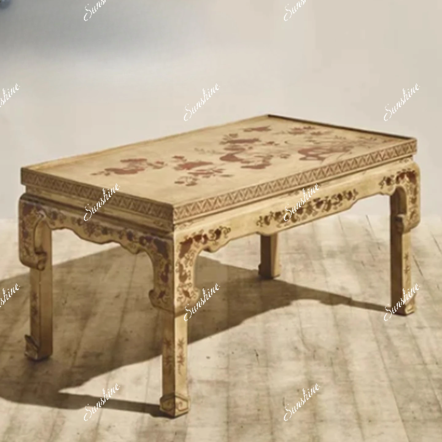 

American retro solid wood carved coffee table living room home rectangular tea table