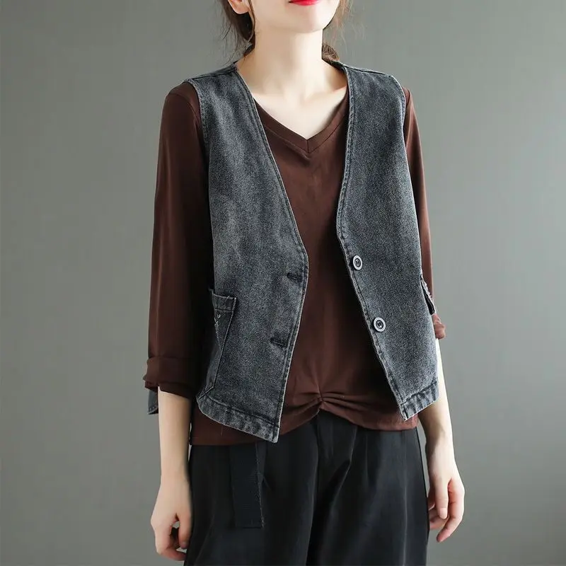 

Women's Retro V-Ne Denim Vest Outerwear Casual Spring Autumn plus Size Jaet Pure Color Commute Sle with ket