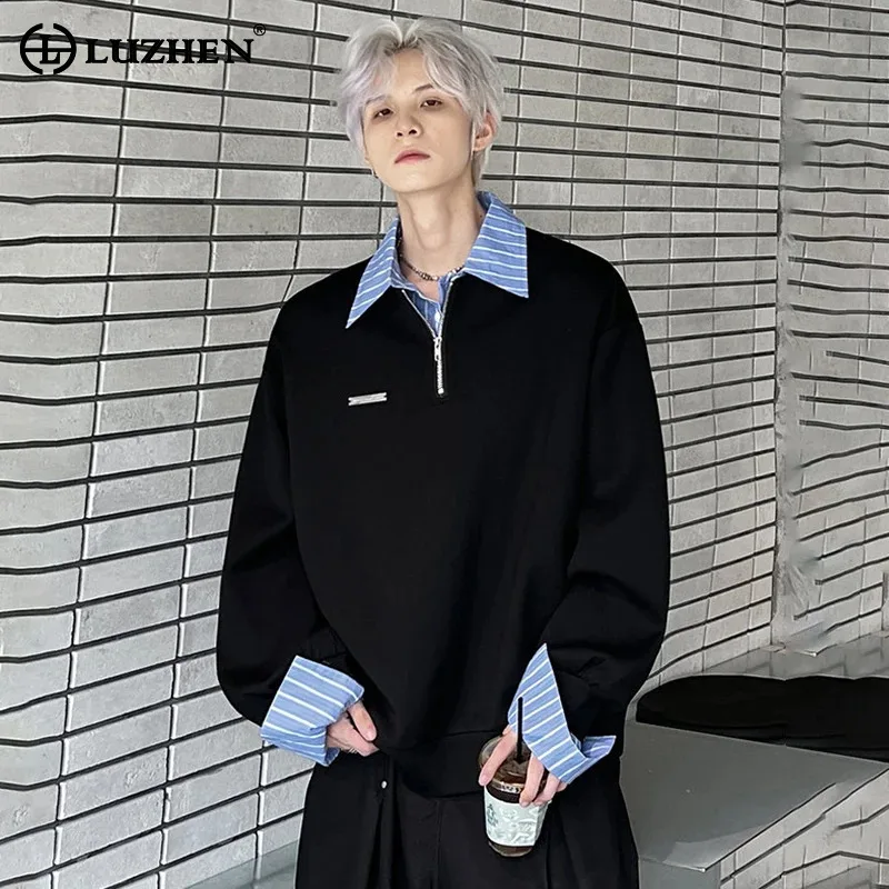 

LUZHEN Original Fake Two Piece Design Stripe Printed Neck Loose Casual Sweatshirt Men's 2025 Autumn Long Sleeve Shirt New JY5862