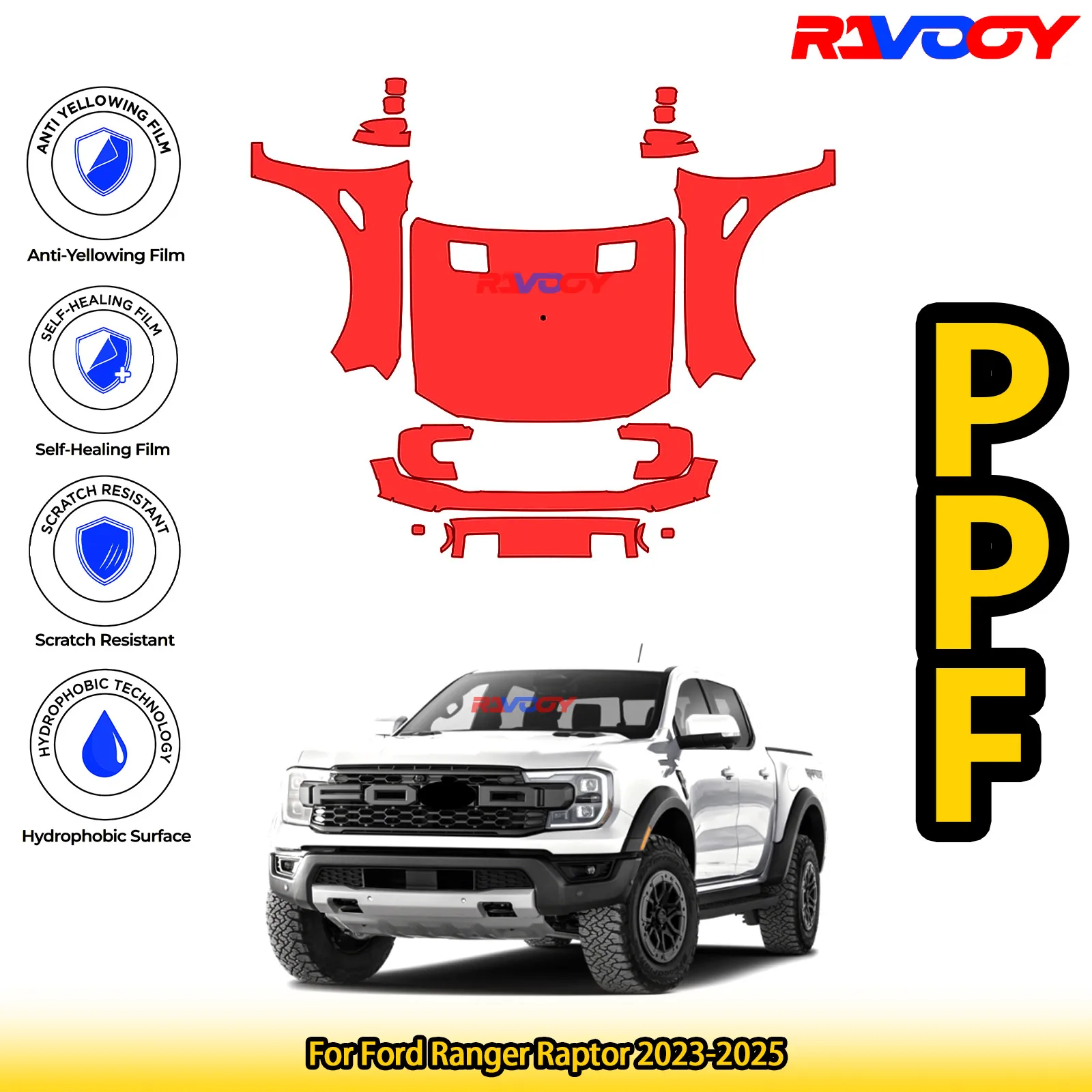 

For Ford Ranger Raptor 2023-2025 Glossy Matte Black Precut front PPF Kit Paint Protection Film