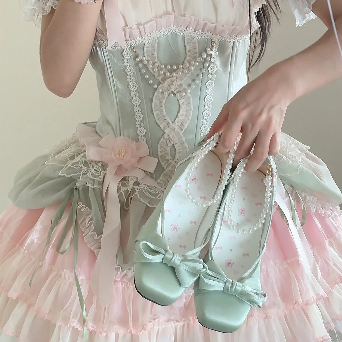 Spring and Autumn Mary Jane Shoes Elegant Pearl Ribbon Original Ballet Style Square Head Middle Heel Girl's Lolita Lo Shoes