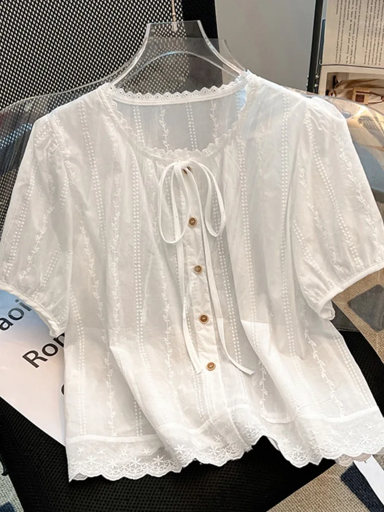 

Женский топ с кружевной отделкой Ele ort Sve irt, лето 2023, новый свободный топ небольшого размера ort Length, модный универсальный пузырьковый топ...