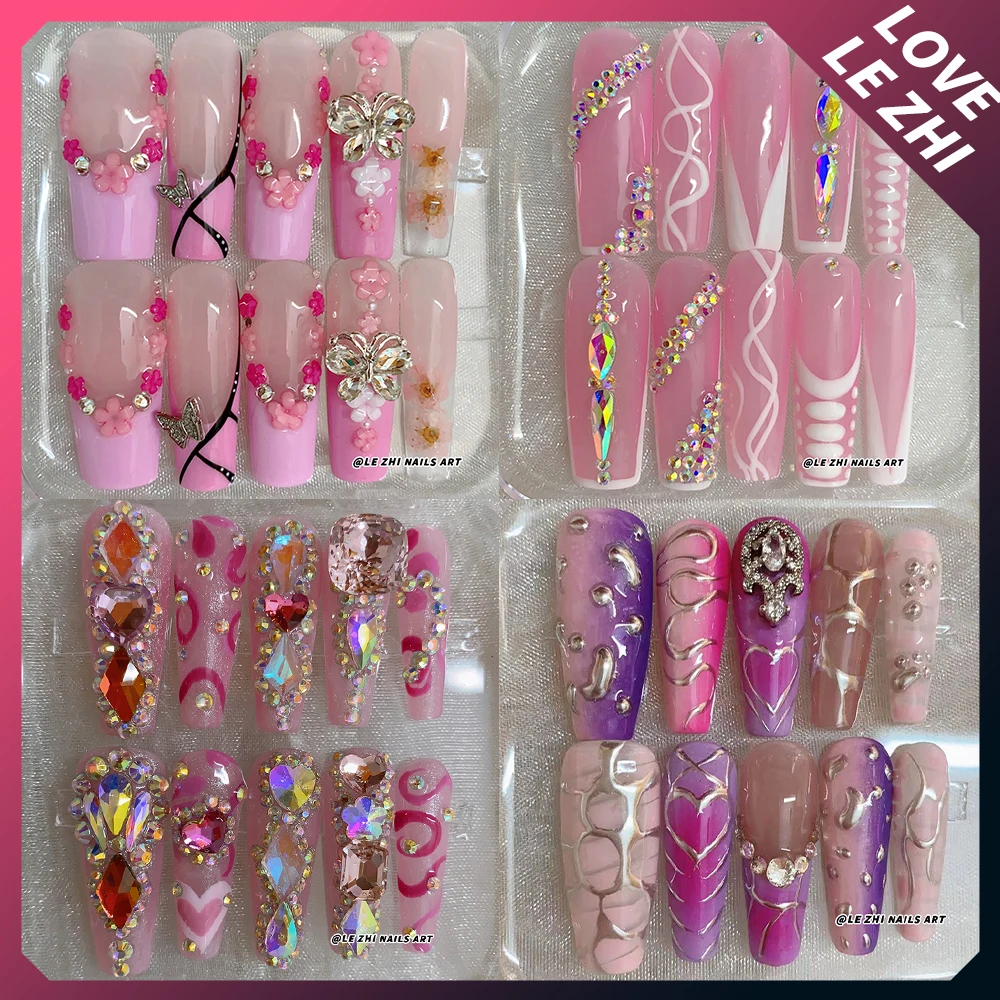

10Pcs Spice Girl Hello Kitty Handmade Long Coffin Duckbill Press On Nail Diamond Flower Butterfly Zebra Stripes French Fake Nail