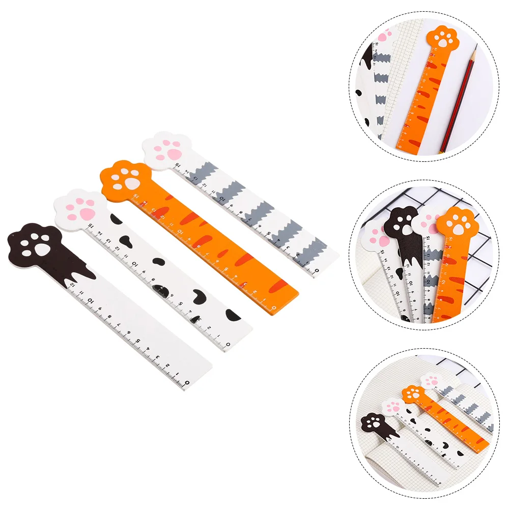 4pcs 고양이 발톱 나무 눈금자 15cm 검은 점선 흰색 오렌지 줄무늬 학생 측정 도구 어린이 선물 만화 책갈피 학교