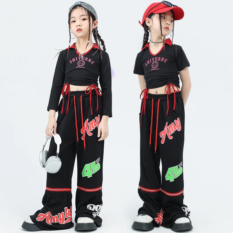 

Kid Hip Hop Clothing Ruched Crop Top Long Sleeve T Shirt Black Letter Street Flare Pants for Girls Jazz Dance Costume Clothes