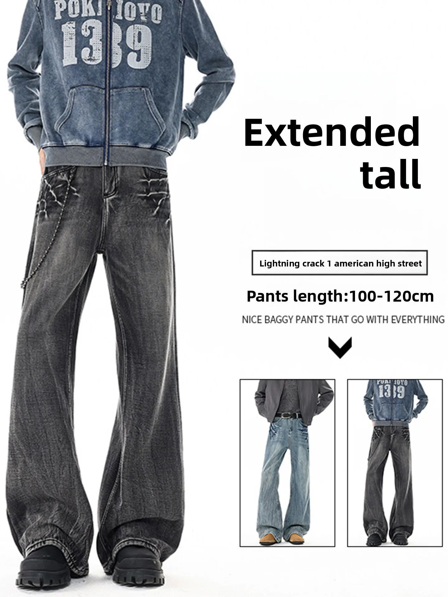 

Lightning Pattern Flared Jeans Men's American High Street Vibe Pants Autumn Winter Straight Loose Wide Leg Pants Knife Long P...