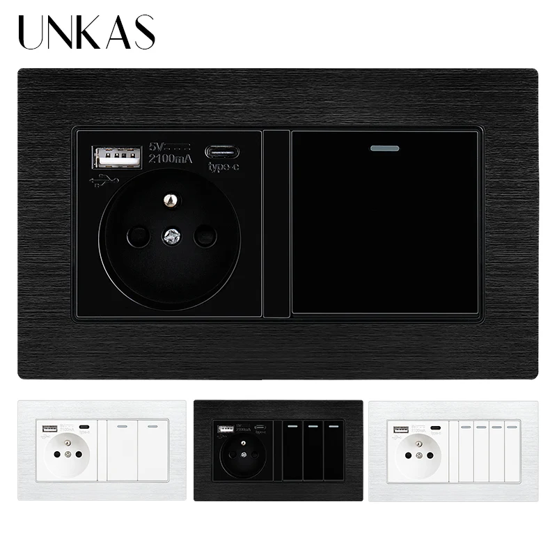 

UNKAS Type C Wall USB Port French Standard 16A Socket 1 2 3 4 Gang 1 / 2 Way On / Off Push Button Aluminum Panel Outlet