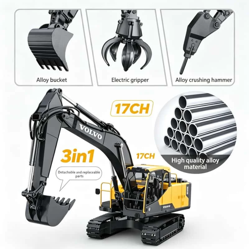 Double E598 R/C Excavator 1/16 17CH Crawler 3in1 Truck Alloy Digger Radio Controlled Car Engineering Model Children's Day Gifts