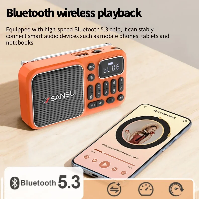 SANSUI F66 portátil multifuncional BT5.3 Radio FM Digital reproductor de MP3 altavoces inalámbricos Bluetooth con función de grabación