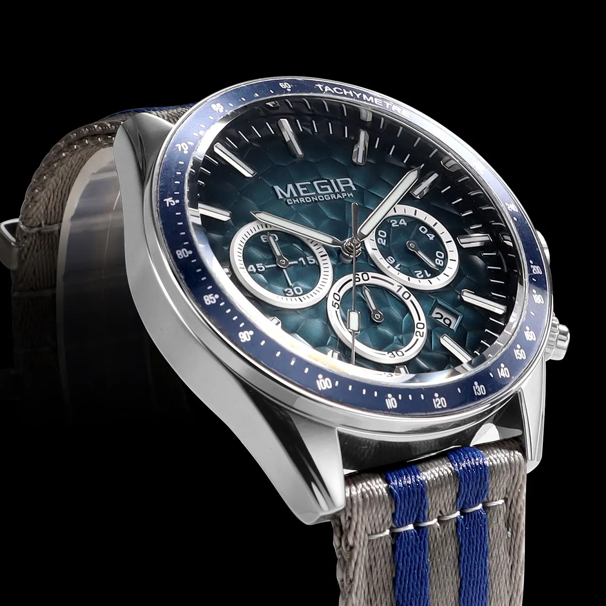 MEGIR Sport Watch for Men Chronograph Quartz Wristwatch with Honeycomb Texture Dial Canvas Band Date Decorative Tachymeter Bezel