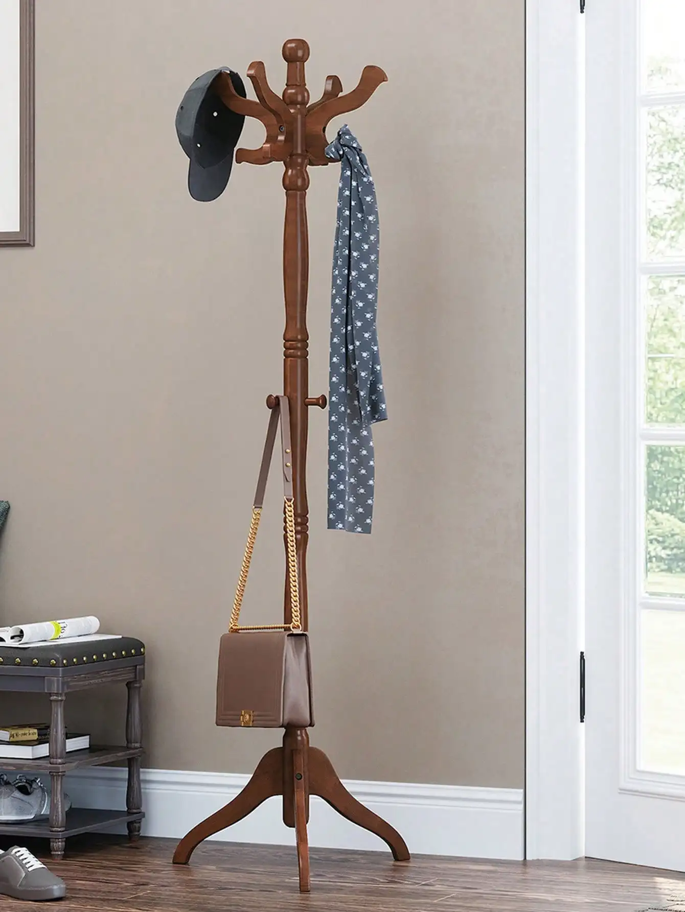 VASAGLE Coat Rack Free Standing With 11 Hooks, Wooden Hall Tree Coat Hat Tree Coat Holder With Solid Rubberwood Base For Coat