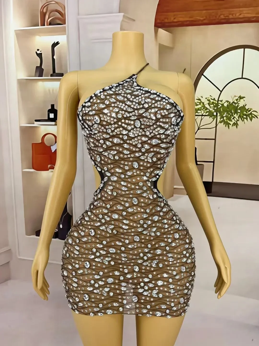 Sexy Backless Diamonds Glitter Evening Prom Gown Luxury Celebrate Stage Costume Birthday Party Short Dress