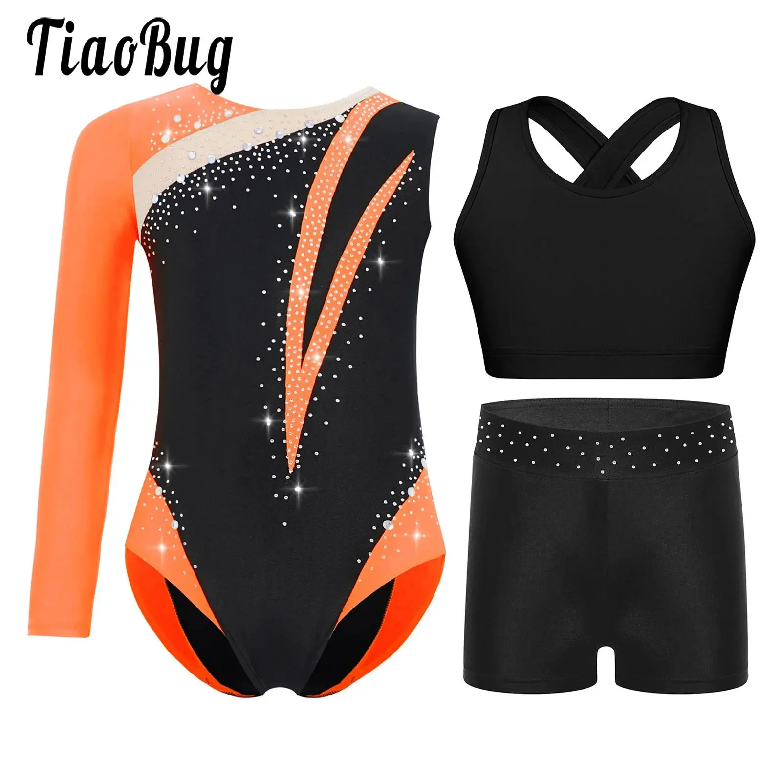 

Kids Girls Gymnastics Dance Set Figure Skating Outfit Sport Workout Costume Round Neck Shiny Rhinestones Leotard Vest and Shorts