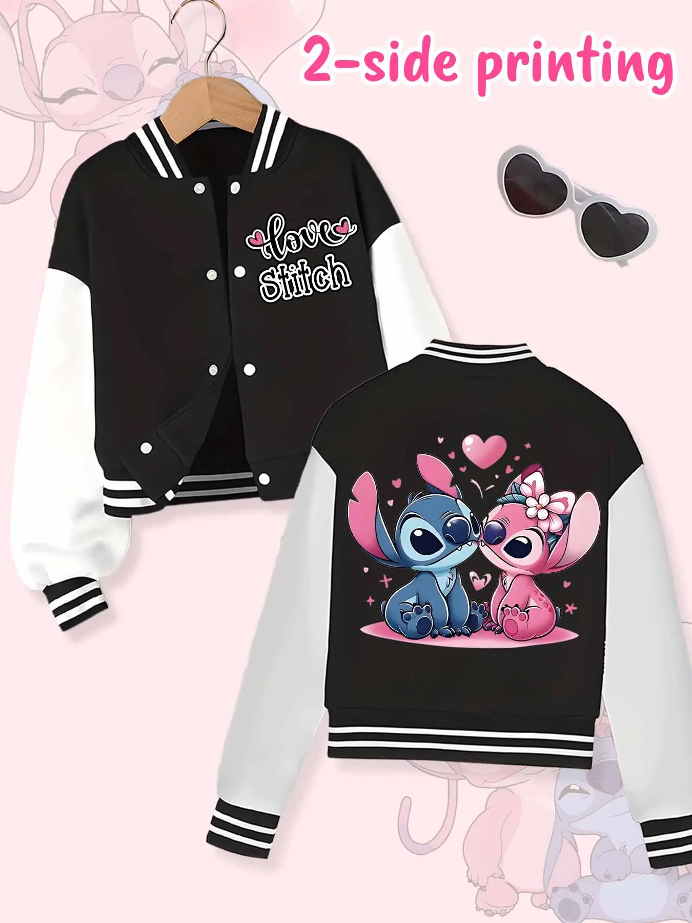 Jaqueta de beisebol tendência da moda Disney, adequada para esportes diários e roupas casuais, impressa com lindo padrão Stitch, belo presente.
