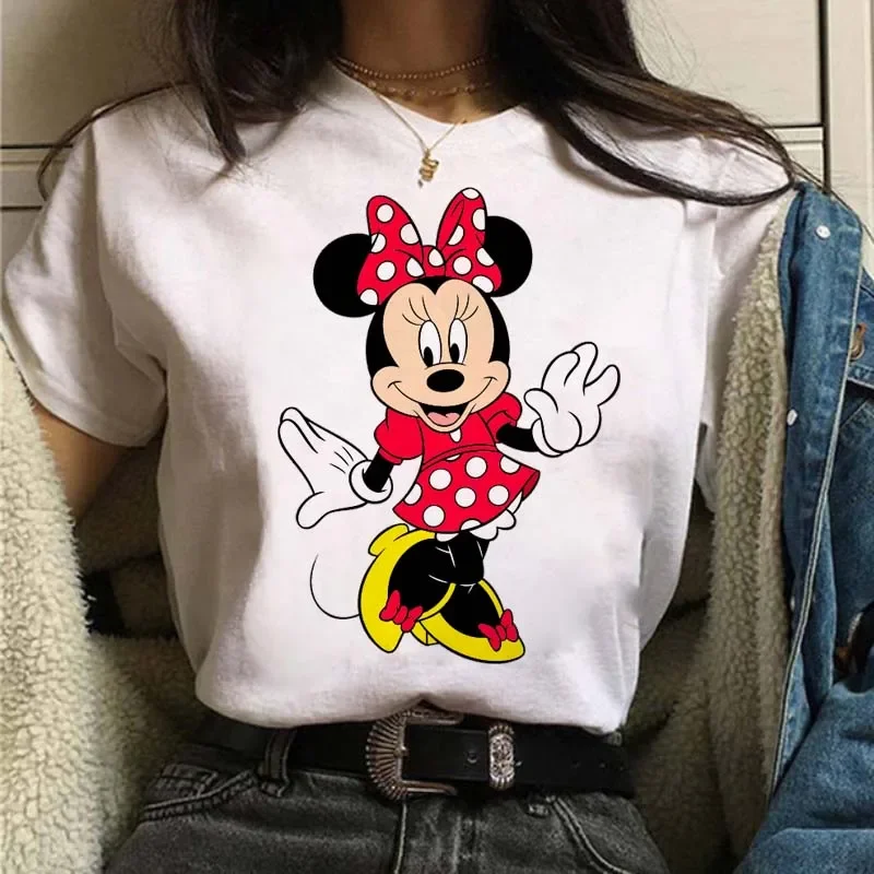 Women T Shirts Cute Minnie with Pink Bow Women Tshirt Cartoon Graphic Printed Ladies T Shirt Streetwear Female Clothes Top Y2K