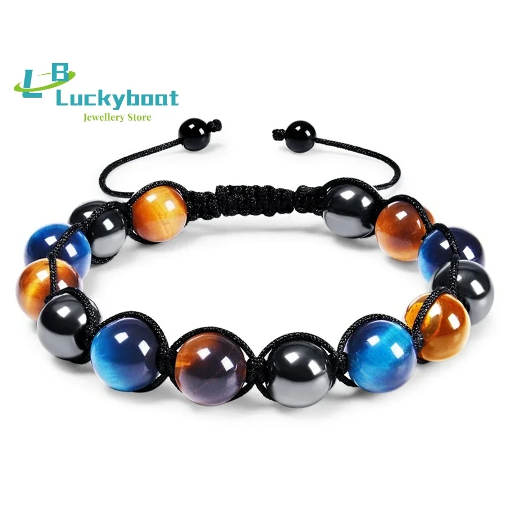 10MM Blue Tiger Eye Stone Bracelet Black Magnet Adjustable Natural Stone Handmade Beaded Jewelry Yellow Tiger Eye