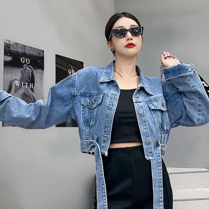 Korean Style Denim Short Coat Women Spring Autumn Turn-down Collar Raw Edge Lace-up Jackets Fashion Trend All-matched Tops