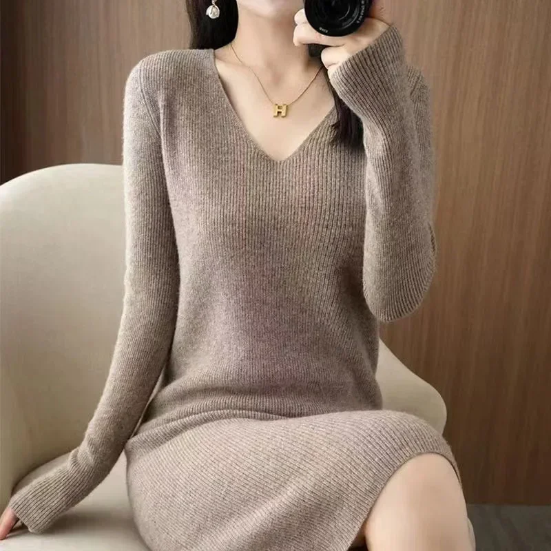 

Slim Fit Long Skirt Cashmere Sweater Women High Quality Knee Length Long Sleeve V-Neck Dress Loose Knitted Dresses Sweater