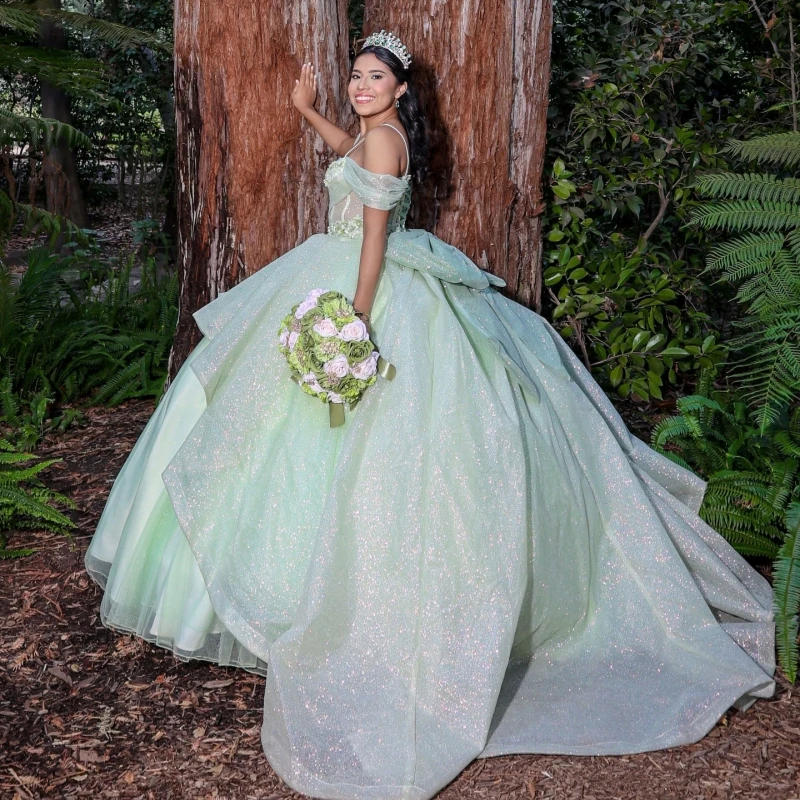

Green Shiny Quinceanera Dresses Off The Shoulder Applique Flower Beads Tull Corset Party Birthday Sweet 16 Dress Vestidos 15 De
