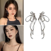 2023 Korean Fashion Irregular Bowknot Earrings Simple Silver Color Metal Line Big Long Bow Drop Earrings Female Jewelry
