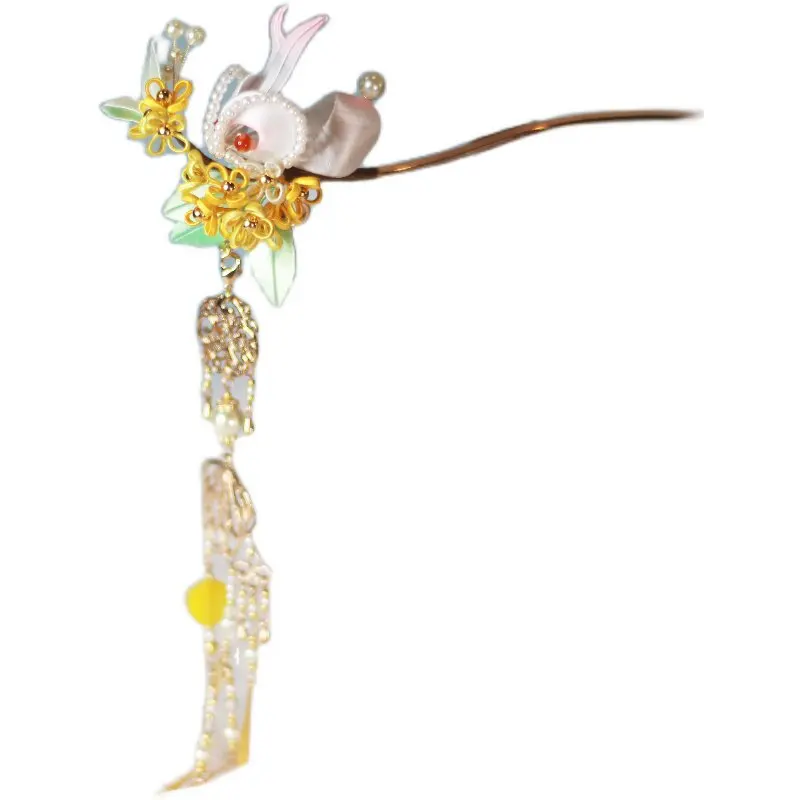 Original Intangible Heritage Osmanthus Rabbit Wrapped Flower Hairpin,Cute Tassel Hair Clip for Hanfu