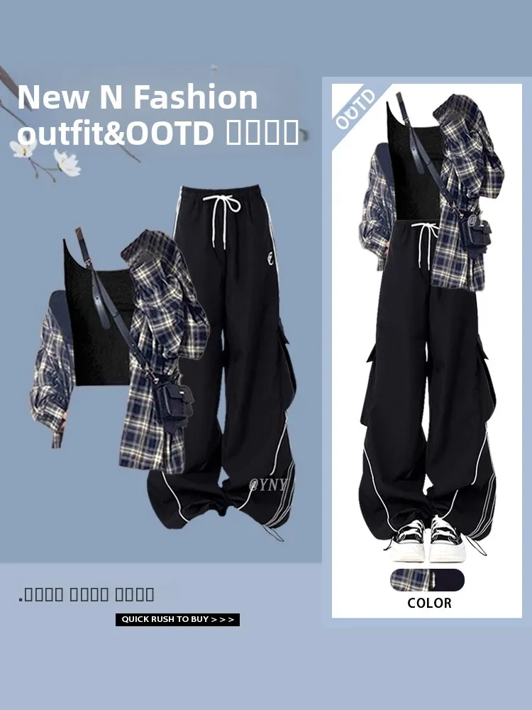 

American Sle Spicy Girl Plaid irt Women's Casual Faion Workwear Pants Tee Piece Set Long Sve Collar Button up