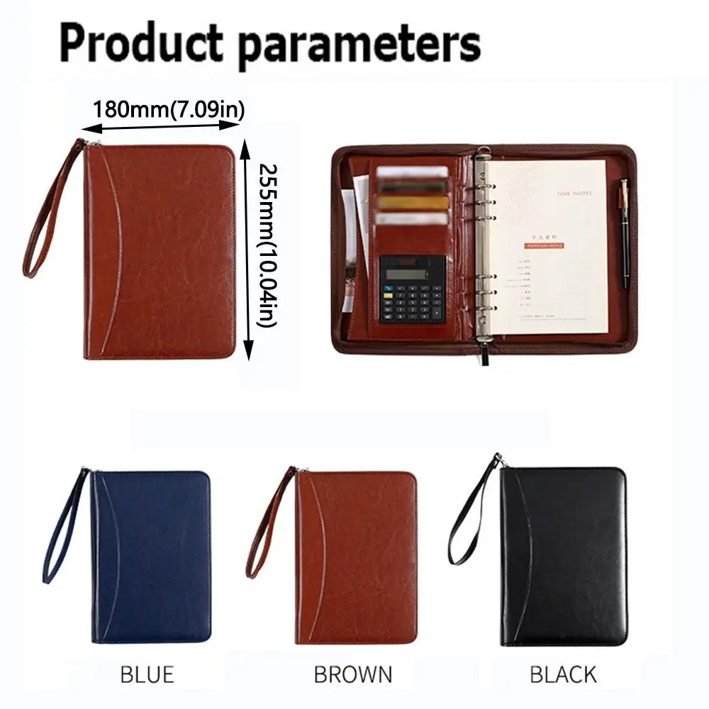 Portable File Folder PU Leather 6-Ring Work Record Book Card Holder Zippered Closure Loose Leaf Notebook Conference Use