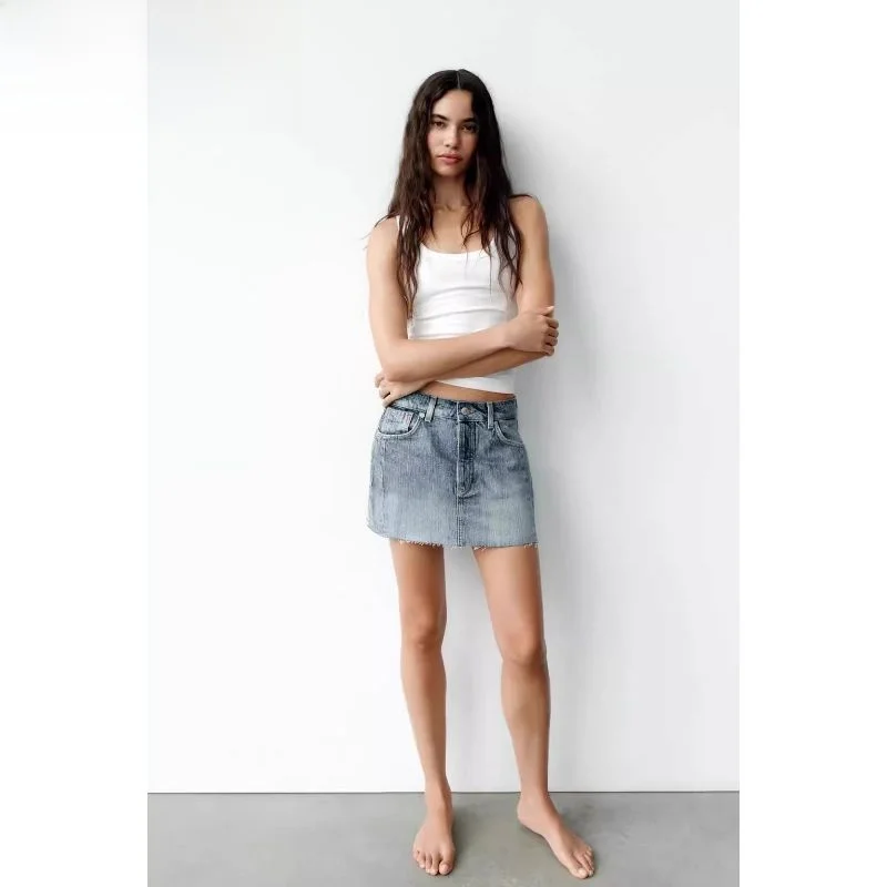 

2024 Summer New TRF Women's Faion ature High Waist ort Denim Skirt Versatile Color f-length Skirts