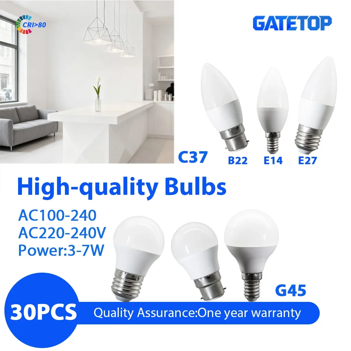 

30 шт. G45 C37 светодиодные мини-лампы-свечи 3-7 Вт B22 E14 E27 основания без мерцания CRI 80 AC220V идеально подходят для домашнего учебного освещения