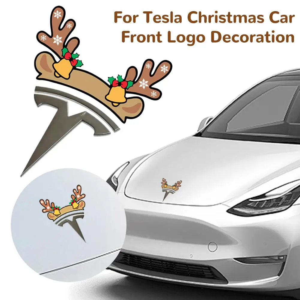 

For Tesla Model 3/Y Car Badge Decoration Sticker - Cute Christmas Hat God of Wealth Sticker Front Badge Modification Accessory