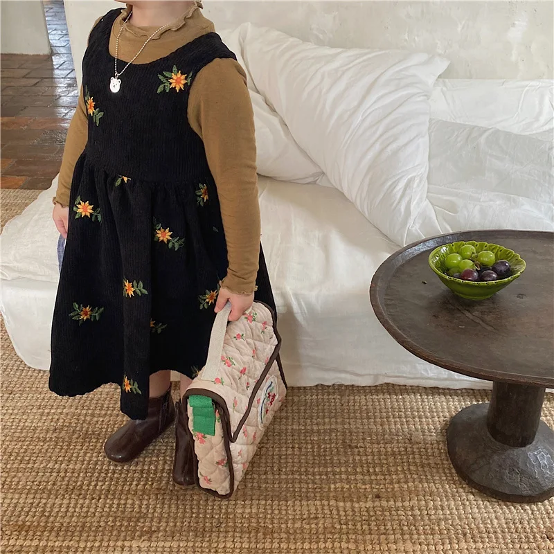 

2021 Fall Girls Embroidered Flowers Corduroy Strap Dresses Children Kids Retro Vest Cotton Casual Sleeveless Princess Dress