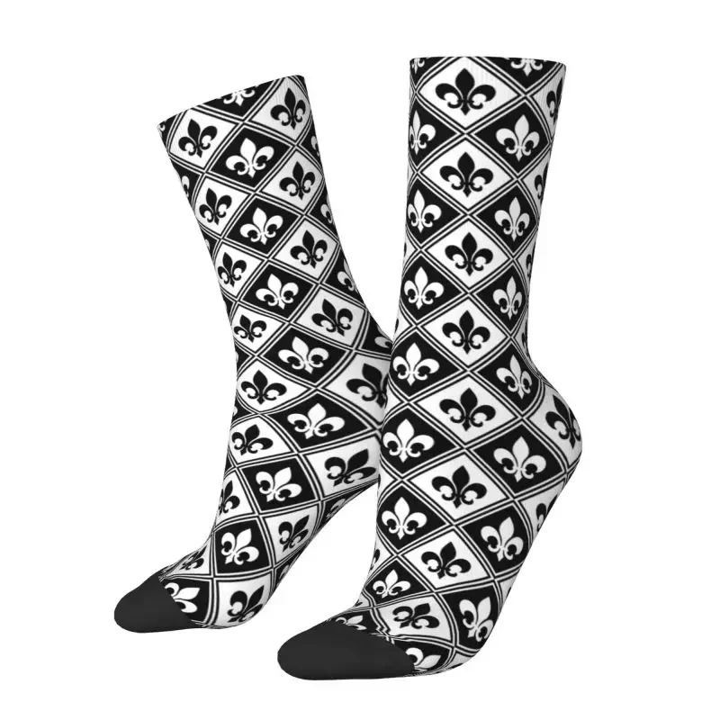 Kawaii Mens Black Fleur De Lis And Diamond Pattern Dress Sock Unisex Comfortable Breathable Fleur-De-Lys Lily Floral Crew Socks